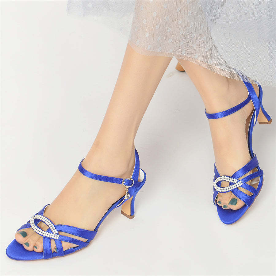 Strappy Mid Heel Bridal Shoes for Women with Rhinestones and Opened Toe