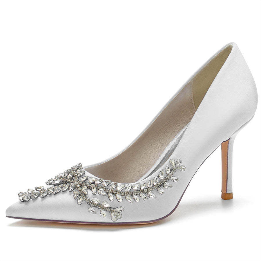 Bridal Stiletto Heels for Women in Silk Satin with Rhinestones and Pointed Toe