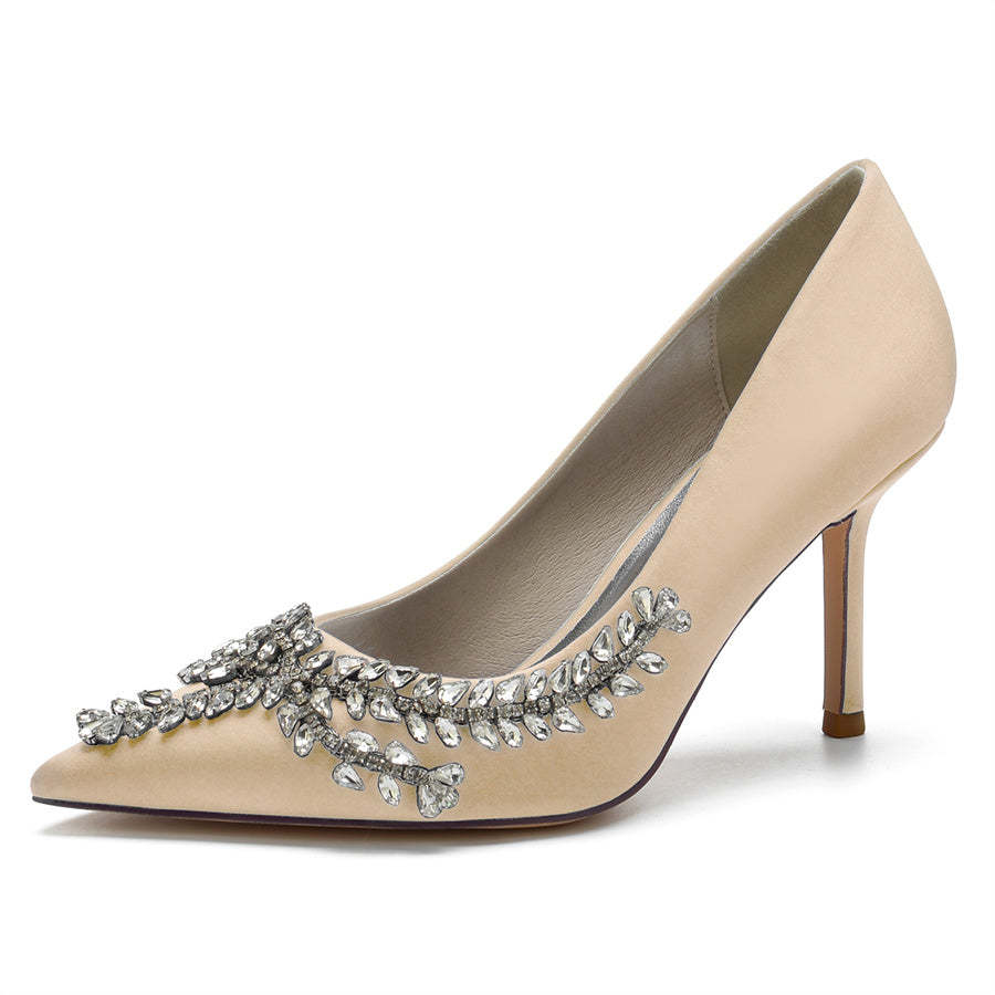Bridal Stiletto Heels for Women in Silk Satin with Rhinestones and Pointed Toe