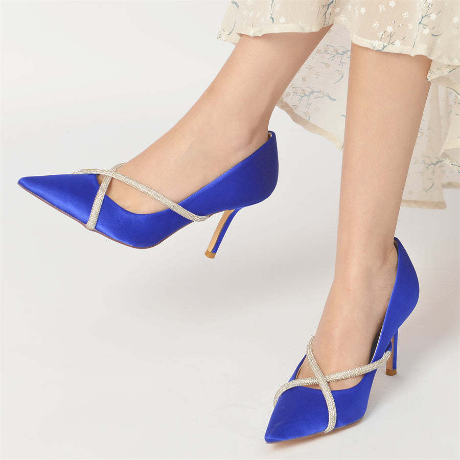 Bridal Stiletto Heel Shoes for Women with Crystal Strap and Pointed Toe