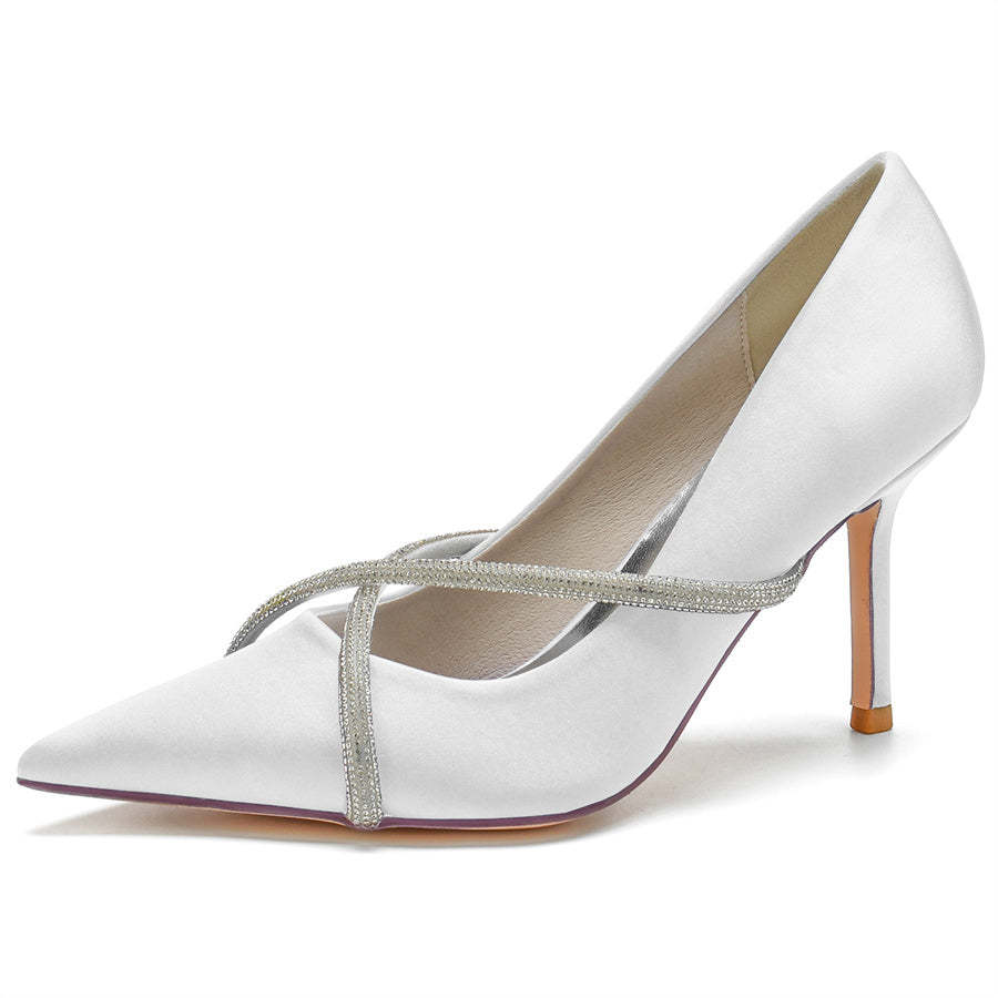 Bridal Stiletto Heel Shoes for Women with Crystal Strap and Pointed Toe