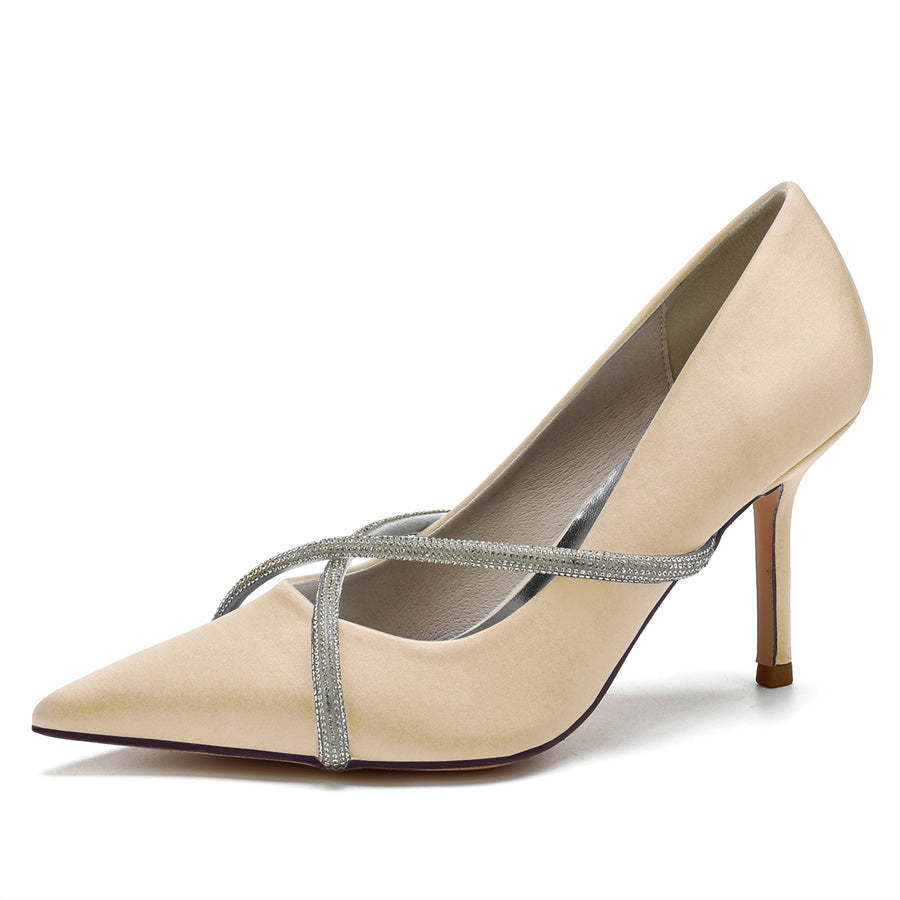 Bridal Stiletto Heel Shoes for Women with Crystal Strap and Pointed Toe