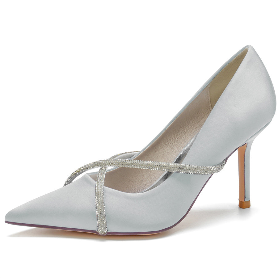 Bridal Stiletto Heel Shoes for Women with Crystal Strap and Pointed Toe