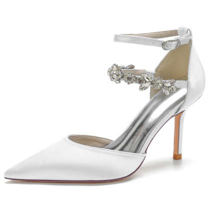 Bridal Stiletto Heel Shoes for Women with Rhinestone Straps and Pointed Toe