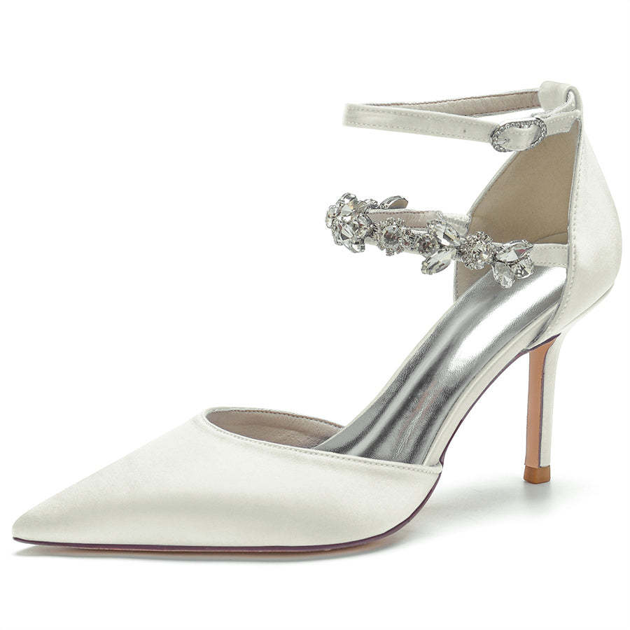 Bridal Stiletto Heel Shoes for Women with Rhinestone Straps and Pointed Toe
