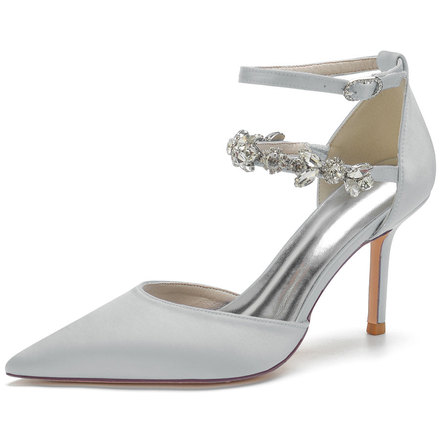 Bridal Stiletto Heel Shoes for Women with Rhinestone Straps and Pointed Toe