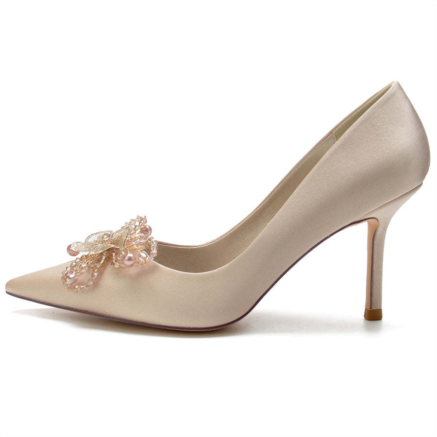 Elegant Stiletto Heel Bridal Shoes for Women with Pearls & Flower Pointed Toe