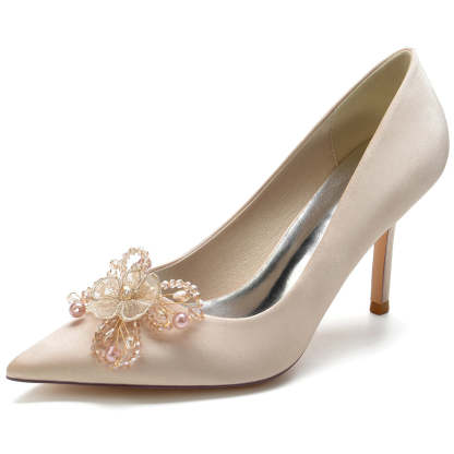 Elegant Stiletto Heel Bridal Shoes for Women with Pearls & Flower Pointed Toe
