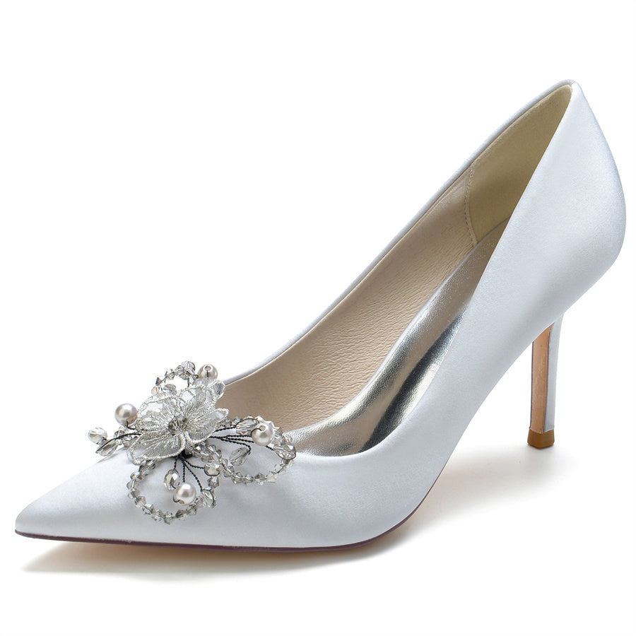 Elegant Stiletto Heel Bridal Shoes for Women with Pearls & Flower Pointed Toe