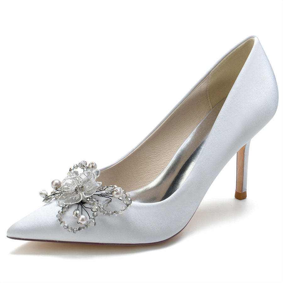 Elegant Stiletto Heel Bridal Shoes for Women with Pearls & Flower Pointed Toe