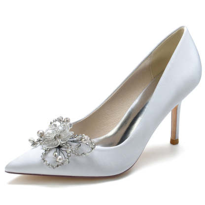 Elegant Stiletto Heel Bridal Shoes for Women with Pearls & Flower Pointed Toe
