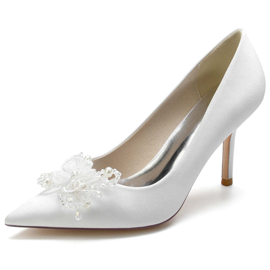 Elegant Stiletto Heel Bridal Shoes for Women with Pearls & Flower Pointed Toe