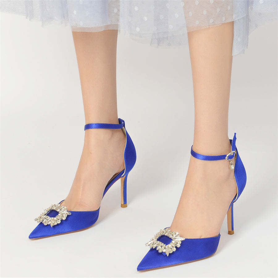 Bridal Shoes for Women with Pointed Toes Buckles and Square Rhinestones