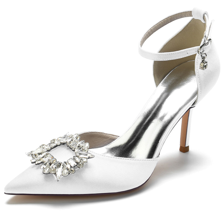 Bridal Shoes for Women with Pointed Toes Buckles and Square Rhinestones