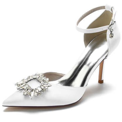 Bridal Shoes for Women with Pointed Toes Buckles and Square Rhinestones