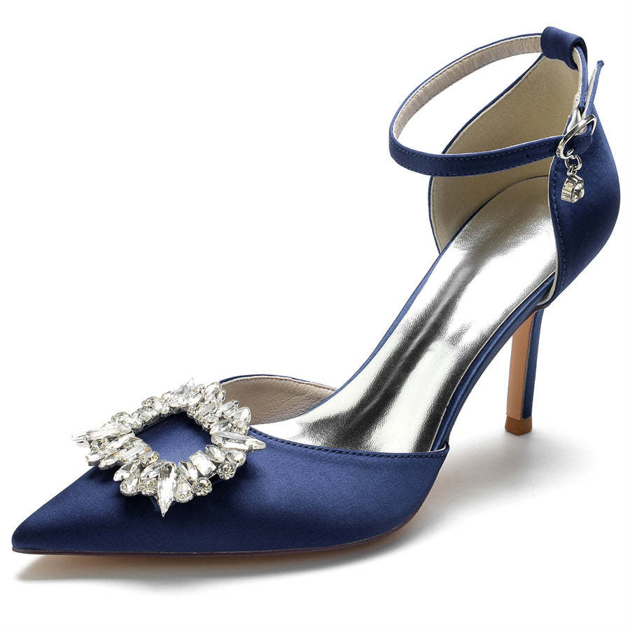 Bridal Shoes for Women with Pointed Toes Buckles and Square Rhinestones