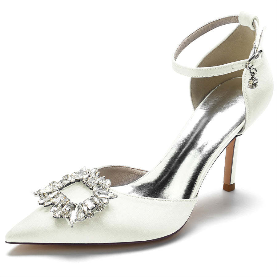 Bridal Shoes for Women with Pointed Toes Buckles and Square Rhinestones