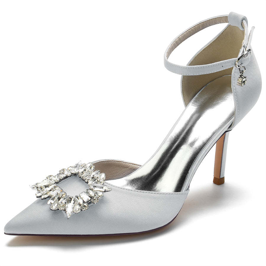 Bridal Shoes for Women with Pointed Toes Buckles and Square Rhinestones