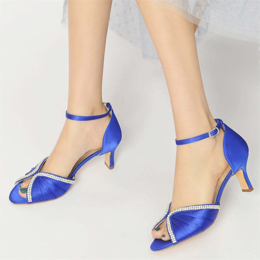 Bridal Shoes for Women with Peep Toe and Mid Heel Featuring Buckle and Rhinestones