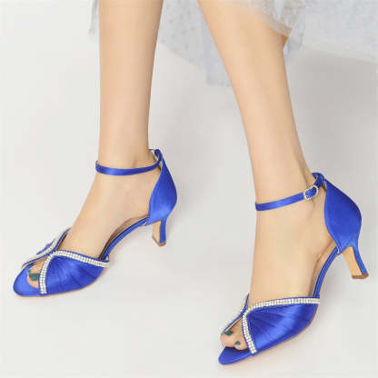 Bridal Shoes for Women with Peep Toe and Mid Heel Featuring Buckle and Rhinestones