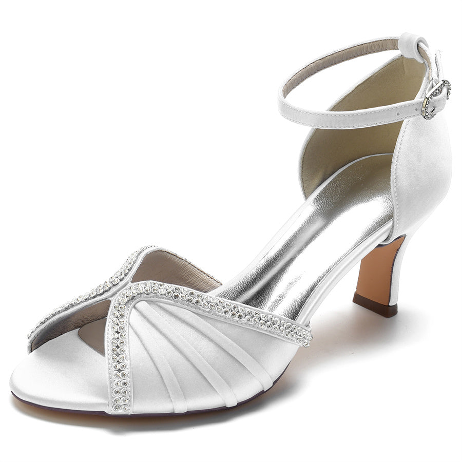 Bridal Shoes for Women with Peep Toe and Mid Heel Featuring Buckle and Rhinestones
