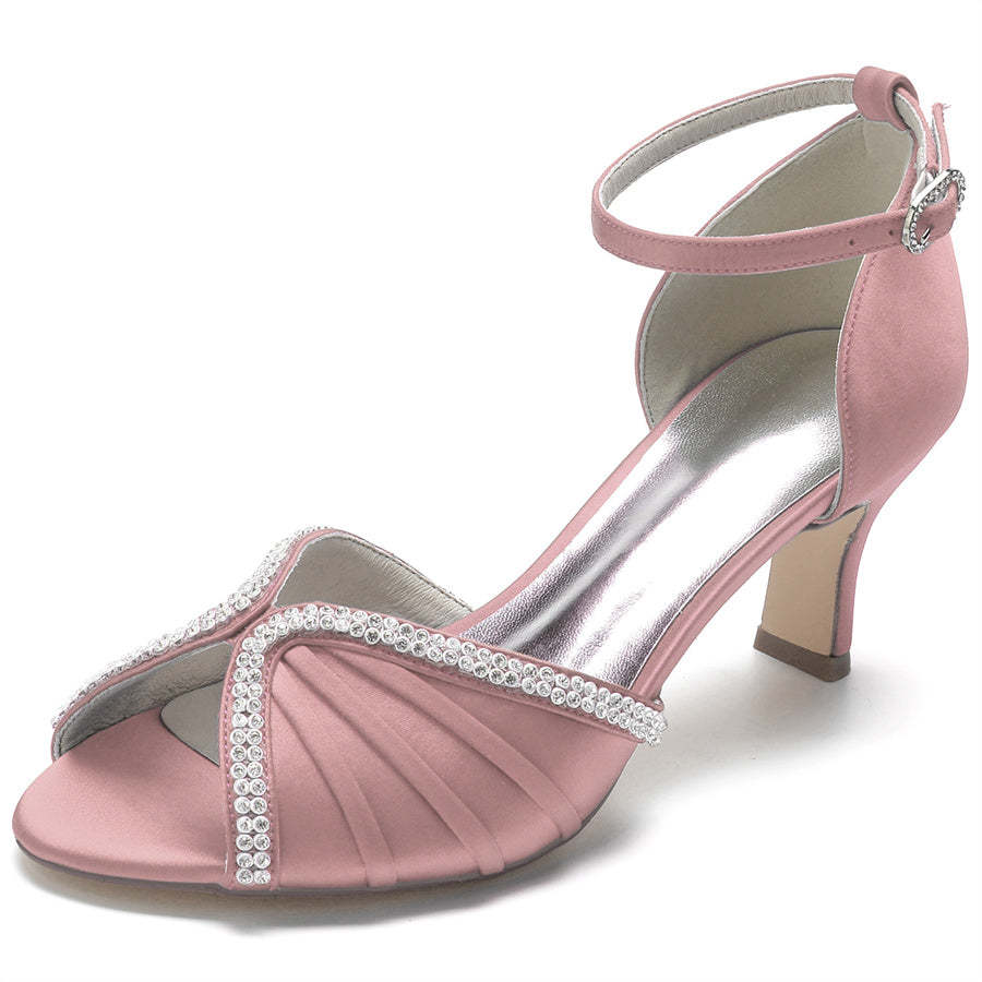 Bridal Shoes for Women with Peep Toe and Mid Heel Featuring Buckle and Rhinestones