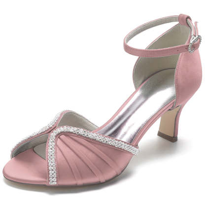 Bridal Shoes for Women with Peep Toe and Mid Heel Featuring Buckle and Rhinestones