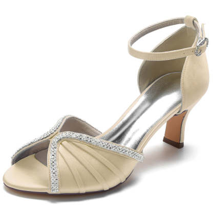 Bridal Shoes for Women with Peep Toe and Mid Heel Featuring Buckle and Rhinestones