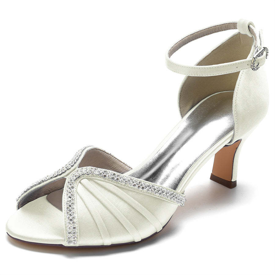 Bridal Shoes for Women with Peep Toe and Mid Heel Featuring Buckle and Rhinestones