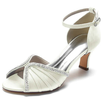 Bridal Shoes for Women with Peep Toe and Mid Heel Featuring Buckle and Rhinestones