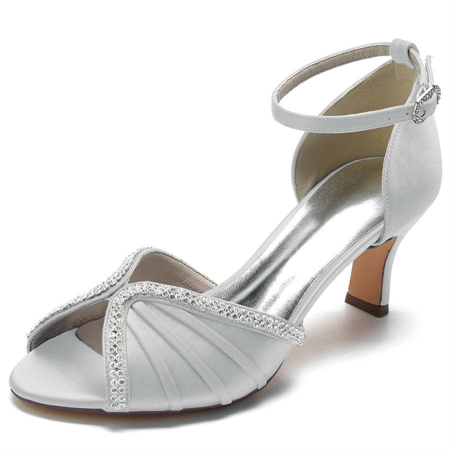 Bridal Shoes for Women with Peep Toe and Mid Heel Featuring Buckle and Rhinestones