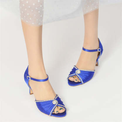 Bridal Peep Toe Mid Heel Shoes for Women with Round Crystals