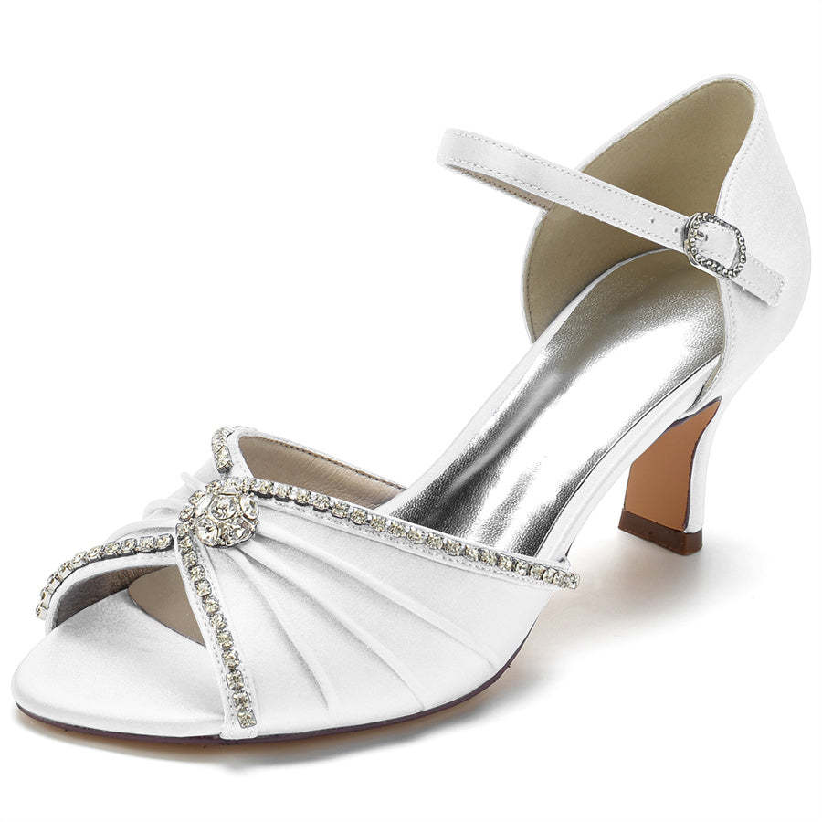 Bridal Peep Toe Mid Heel Shoes for Women with Round Crystals