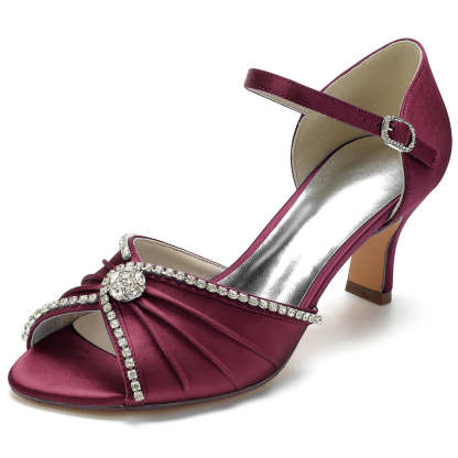 Bridal Peep Toe Mid Heel Shoes for Women with Round Crystals
