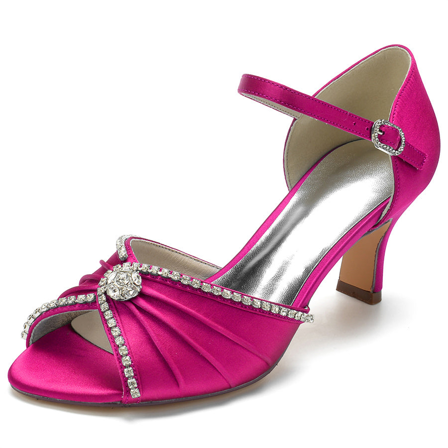 Bridal Peep Toe Mid Heel Shoes for Women with Round Crystals