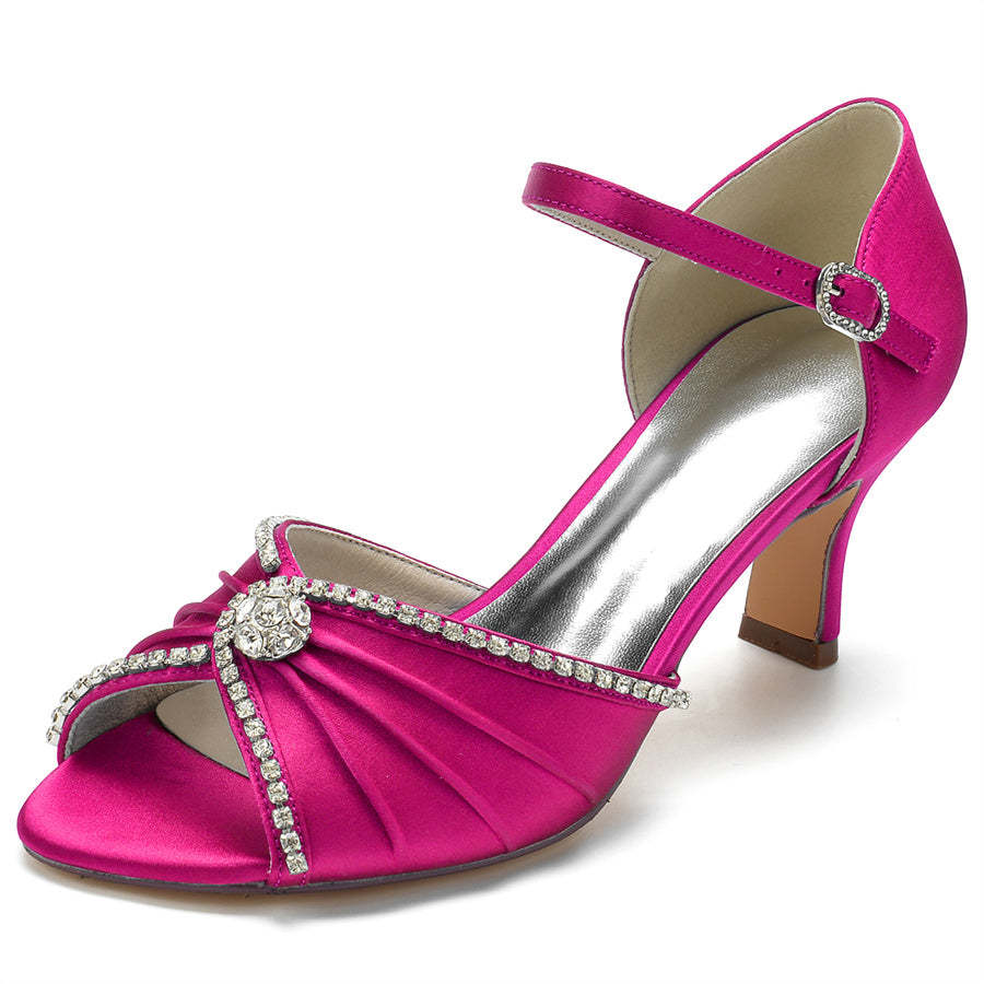 Bridal Peep Toe Mid Heel Shoes for Women with Round Crystals