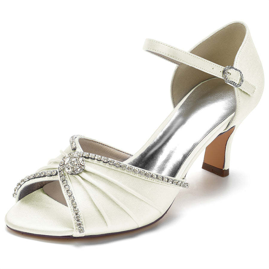 Bridal Peep Toe Mid Heel Shoes for Women with Round Crystals
