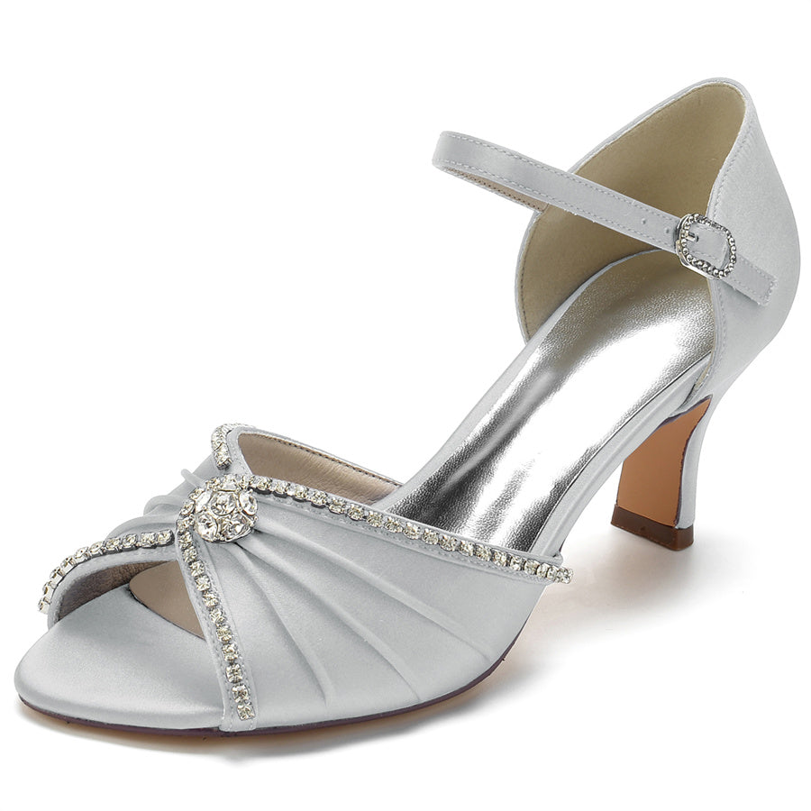 Bridal Peep Toe Mid Heel Shoes for Women with Round Crystals