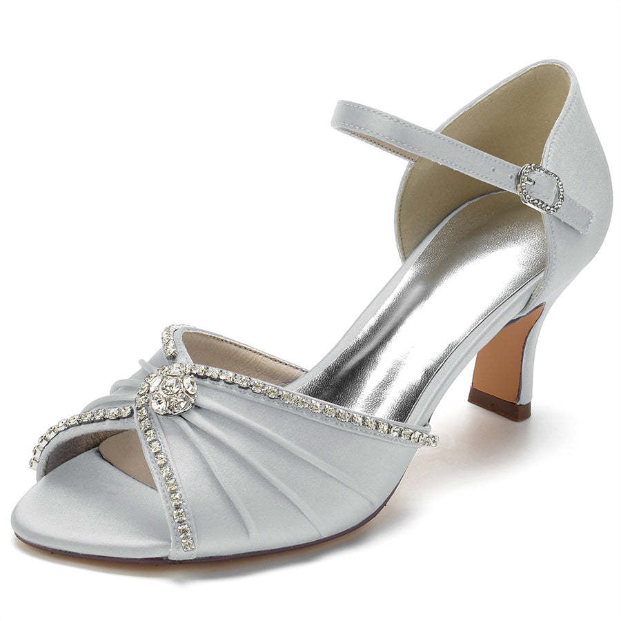 Bridal Peep Toe Mid Heel Shoes for Women with Round Crystals