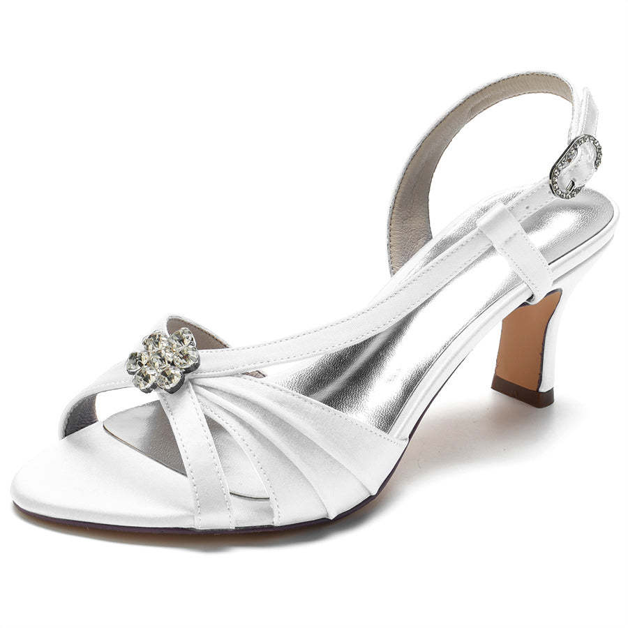Bridal Shoes for Women with Crystals Flower Mid Heel and Opened Toe