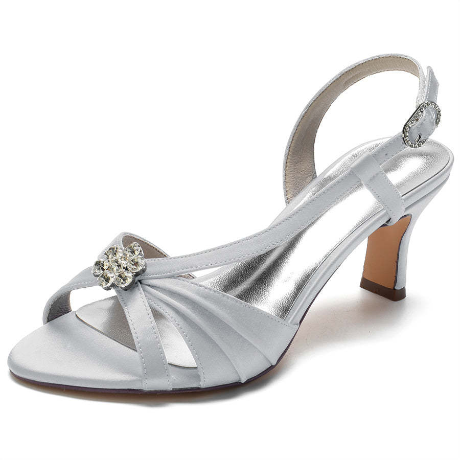 Bridal Shoes for Women with Crystals Flower Mid Heel and Opened Toe