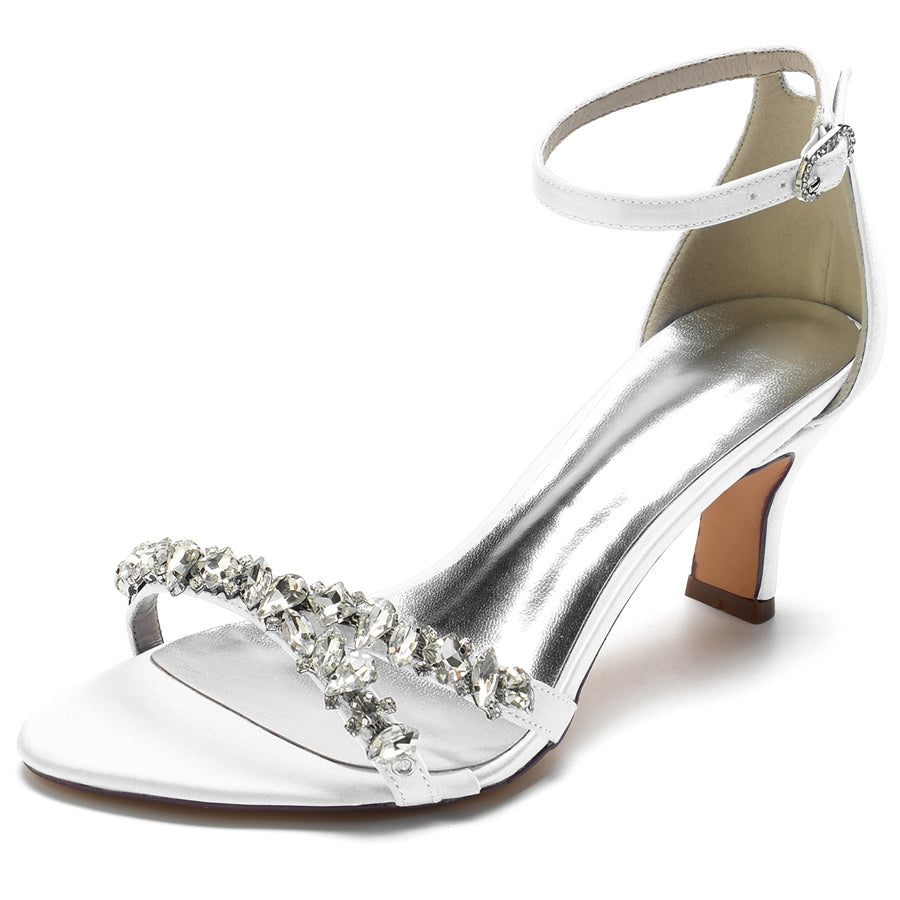 Elegant Open-Toe Mid Heel Bridal Shoes for Women with Rhinestones