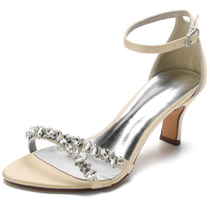Elegant Open-Toe Mid Heel Bridal Shoes for Women with Rhinestones