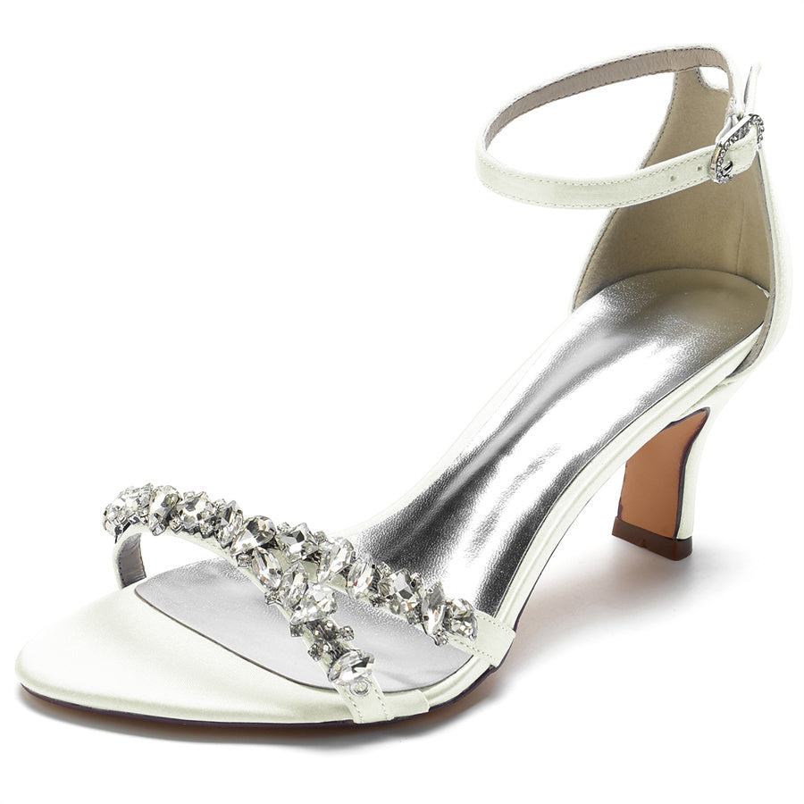Elegant Open-Toe Mid Heel Bridal Shoes for Women with Rhinestones