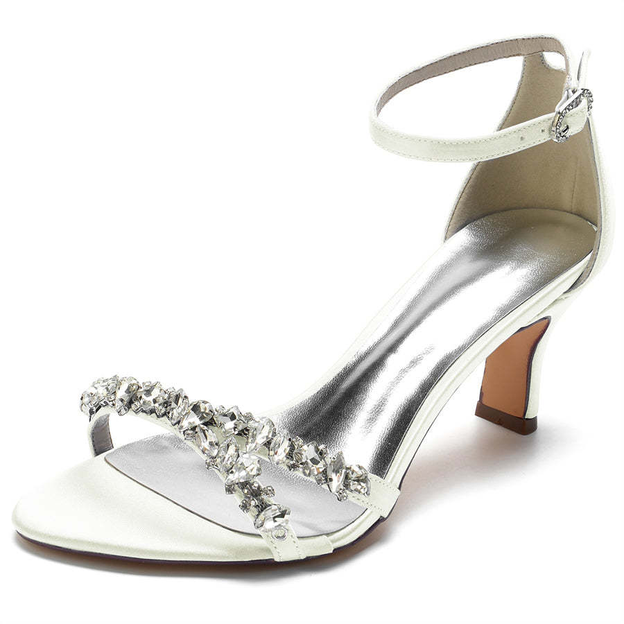 Elegant Open-Toe Mid Heel Bridal Shoes for Women with Rhinestones