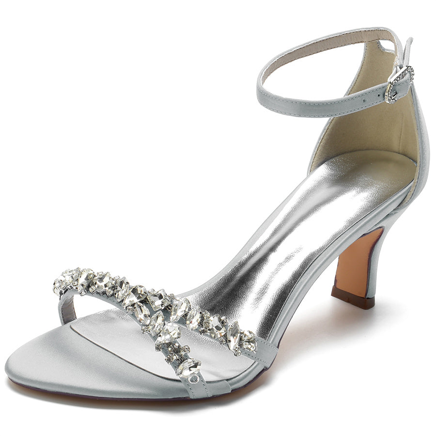 Elegant Open-Toe Mid Heel Bridal Shoes for Women with Rhinestones