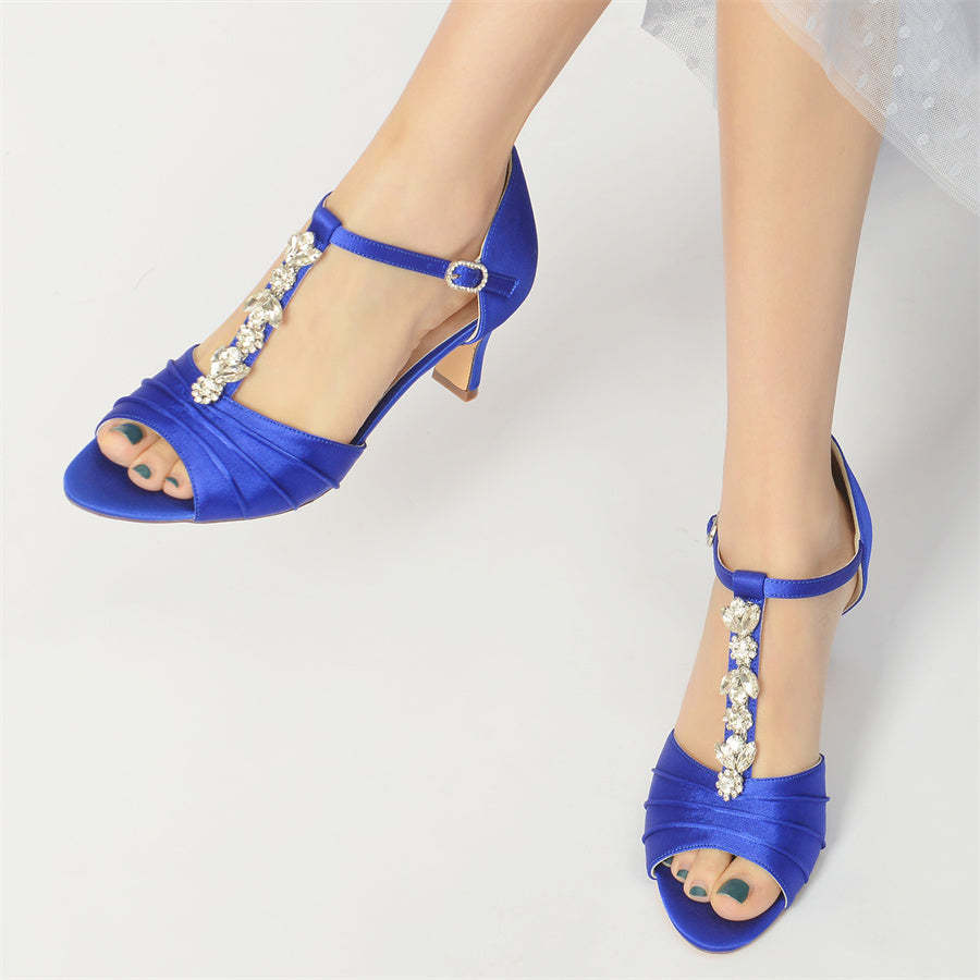 Traditional Open-Toe Mid Heel Wedding Shoes for Women with Crystals