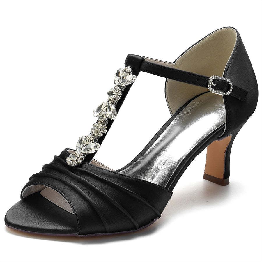 Traditional Open-Toe Mid Heel Wedding Shoes for Women with Crystals