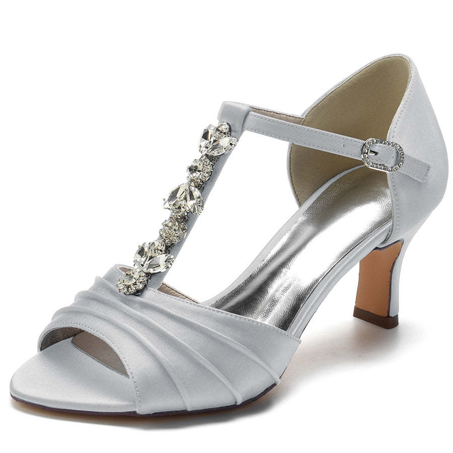 Traditional Open-Toe Mid Heel Wedding Shoes for Women with Crystals