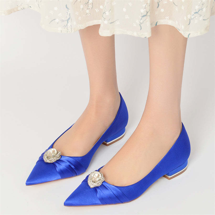 Bridal Shoes for Women with Low Heel Pointed Toe and Round Rhinestones
